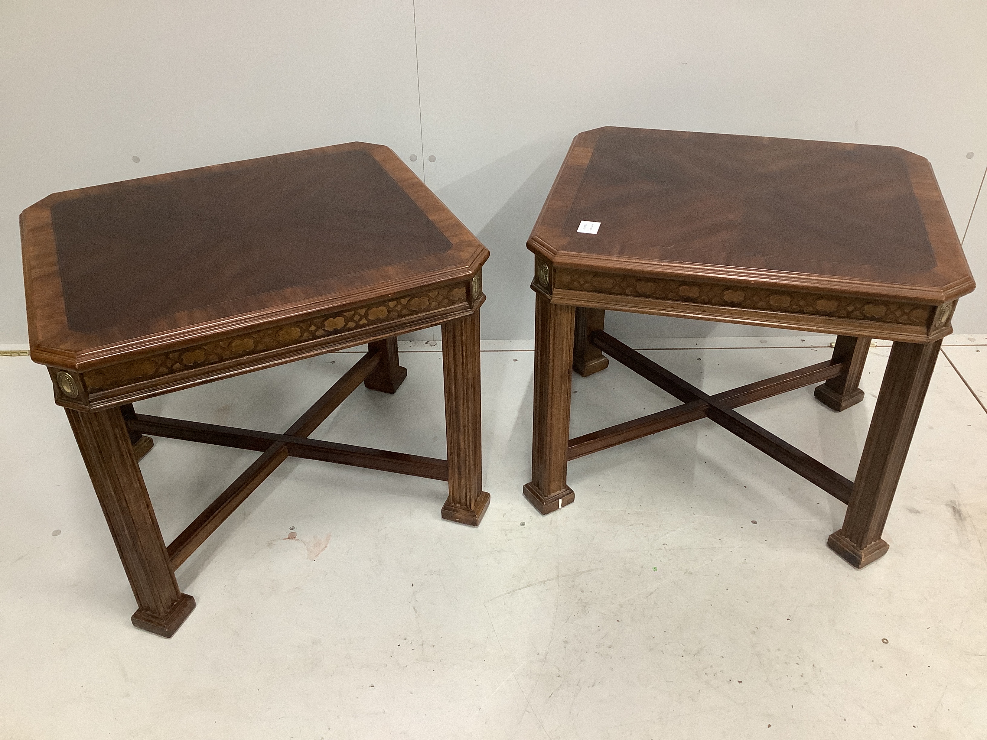 A pair of reproduction George III style mahogany occasional tables, width 56cm, depth 65cm, height 56cm